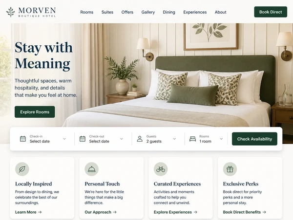 A boutique hotel homepage with a book direct panel