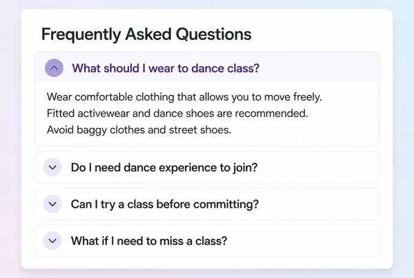 A dance studio questions page with four questions and the first answer open