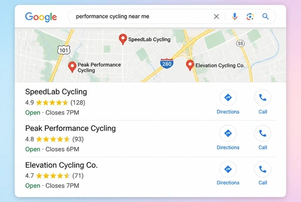 A local map pack listing three performance cycling businesses with ratings and call buttons