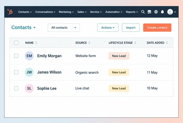 Three new bookshop enquiries listed in HubSpot with the source of each