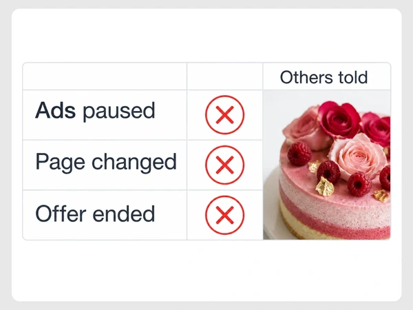 Maison Petal change log marks Ads paused, Page changed, and Offer ended with red X symbols under Others told.