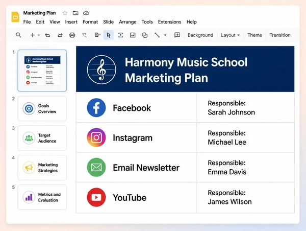 A one page plan giving each music school marketing channel a named owner