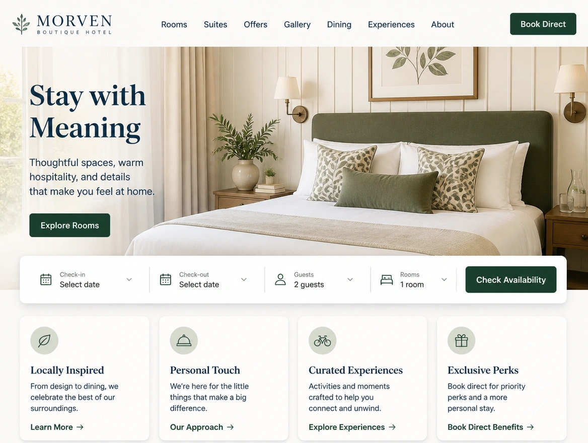 A boutique hotel homepage with a book direct panel