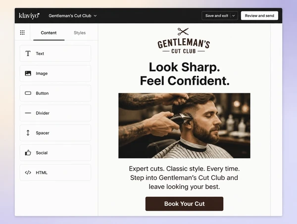A barber shop email in Klaviyo carrying the same headline as the website