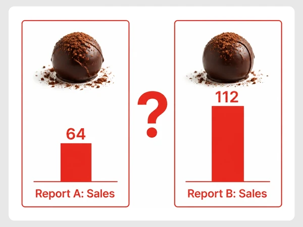 Noir Cacao chart shows conflicting monthly sales totals of 64 and 112 with a question mark between them.