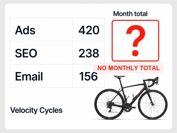 Velocity Cycles spreadsheet lists Ads, SEO, and Email while Month total remains a red question mark.