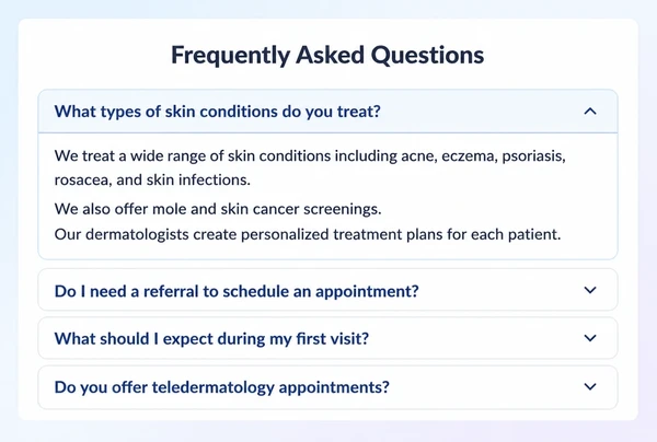 A dermatology clinic questions page with four questions and the first answer open