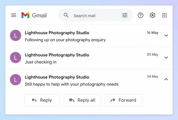 A Gmail thread of three follow-up messages from a photography studio to one customer