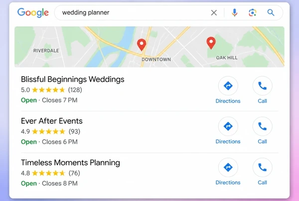 A local map pack listing three wedding planner businesses with ratings and call buttons