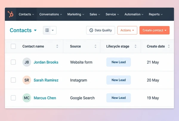 Three new coffee roastery enquiries listed in HubSpot with the source of each