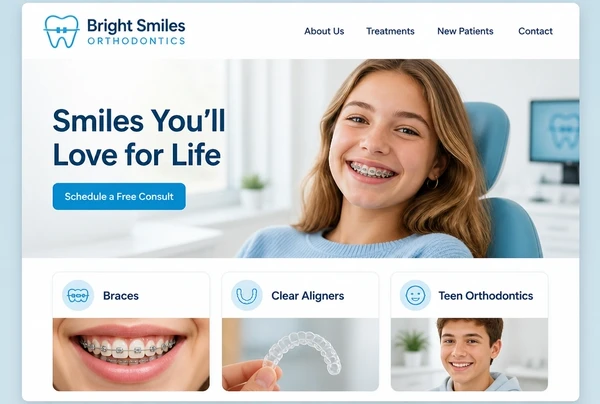 An orthodontic practice home page with a hero photograph and three service cards