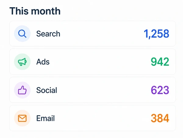 An overview panel listing four marketing channels with an enquiry count each
