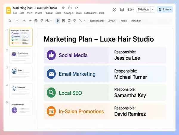 A one page plan giving each hair salon marketing channel a named owner