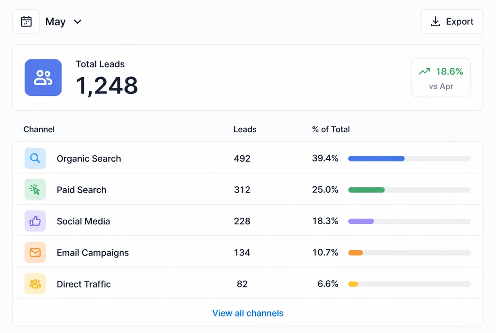 A monthly report showing leads by channel with a single total