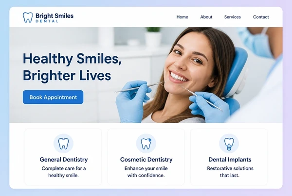 A dental practice home page with a hero photograph and three service cards