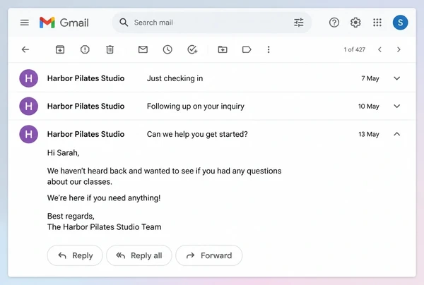 A Gmail thread of three follow-up messages from a pilates studio to one customer