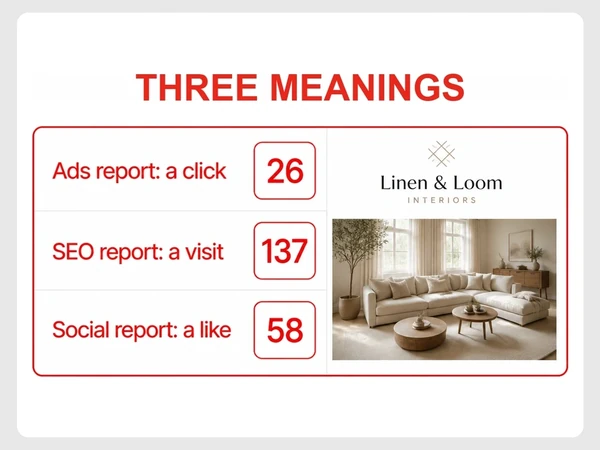 Linen & Loom Interiors table defines an inquiry as a click, visit, or like across three reports.