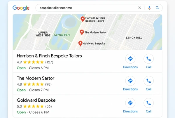 A local map pack listing three bespoke tailor businesses with ratings and call buttons