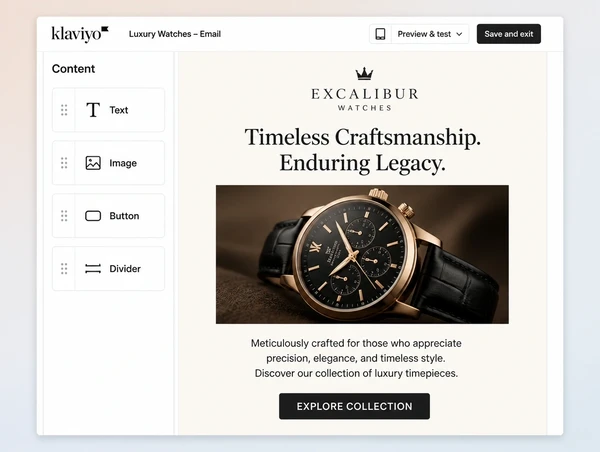 A luxury watches email in Klaviyo carrying the same headline as the website