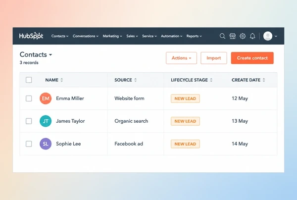 Three new tea house enquiries listed in HubSpot with the source of each