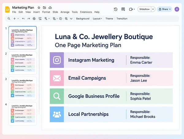 A one page plan giving each jewellery boutique marketing channel a named owner