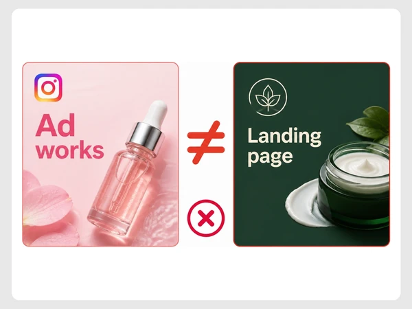Pure Glow Skincare pairs a soft pink Instagram ad with a dark green landing page and different logo.