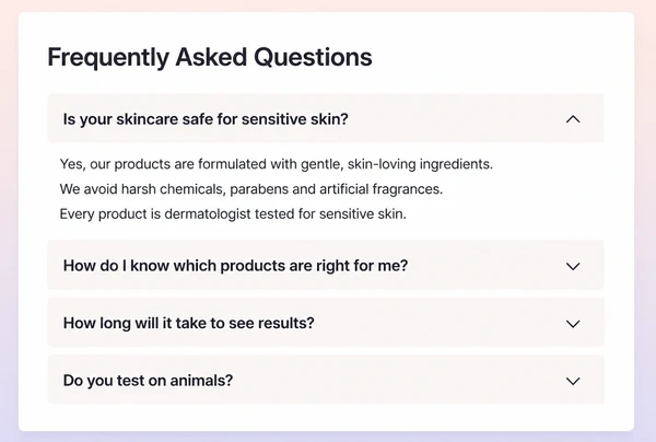 A skincare brand questions page with four questions and the first answer open