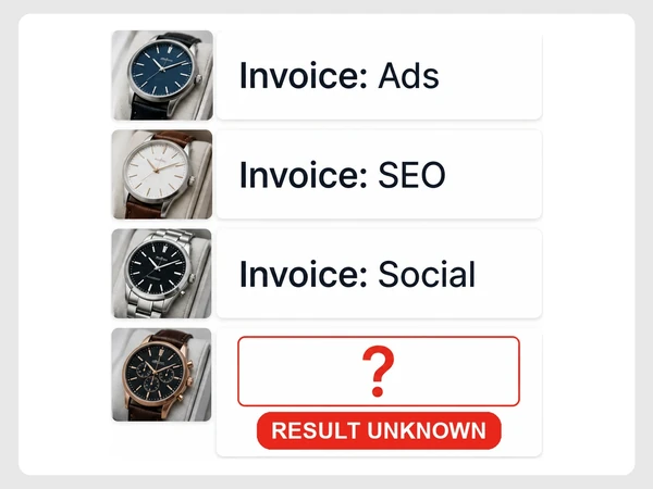 Marlow & Finch Watches stacks Ads, SEO, and Social invoices above a Result card with a red question mark.