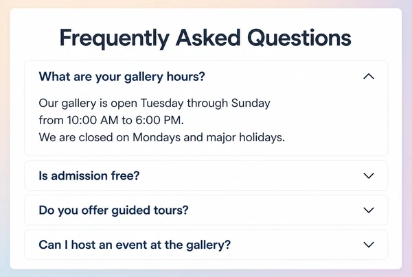 An art gallery questions page with four questions and the first answer open