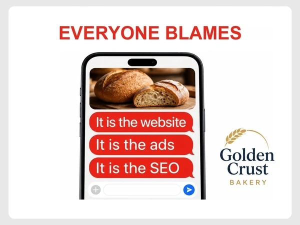 Golden Crust Bakery group chat shows providers blaming the website, ads, and SEO for the problem.