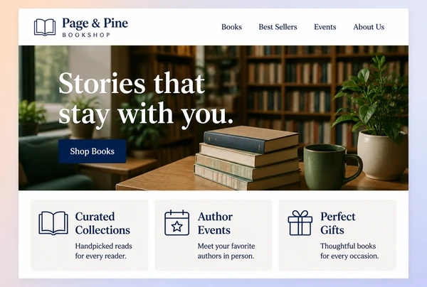 A bookshop home page with a hero photograph and three service cards