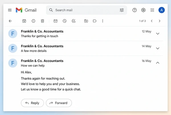 A Gmail thread of three follow-up messages from an accountancy practice to one customer