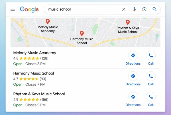 A local map pack listing three music school businesses with ratings and call buttons