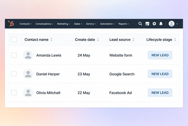 Three new optometry practice enquiries listed in HubSpot with the source of each