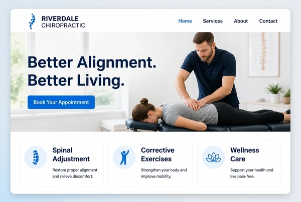 A chiropractic clinic home page with a hero photograph and three service cards