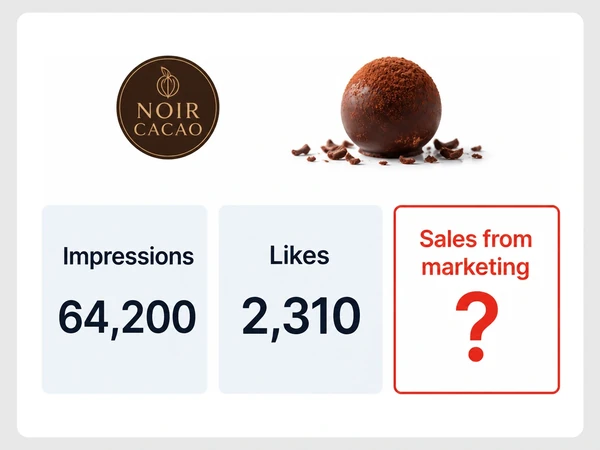 Noir Cacao reports 64,200 impressions and 2,310 likes while Sales from marketing remains a red question mark.