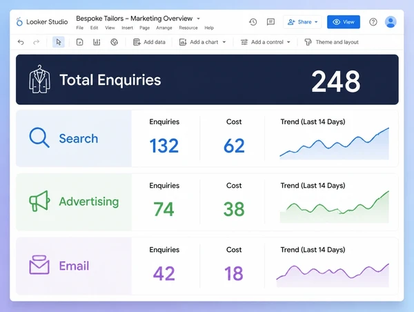 One dashboard pulling every bespoke tailor channel into a single enquiry count