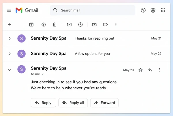 A Gmail thread of three follow-up messages from a day spa to one customer