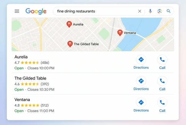 A local map pack listing three fine dining restaurant businesses with ratings and call buttons