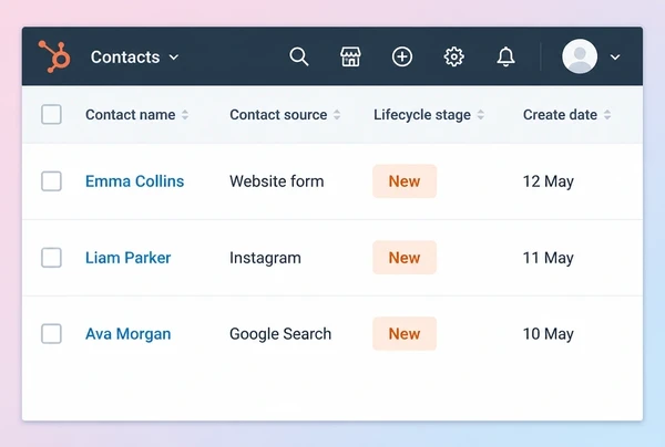 Three new ceramics studio enquiries listed in HubSpot with the source of each