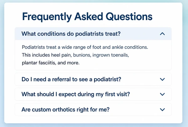 A podiatry practice questions page with four questions and the first answer open