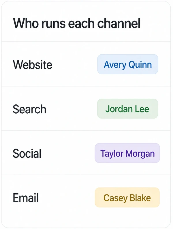 A four-row plan naming one owner against website, search, social and email