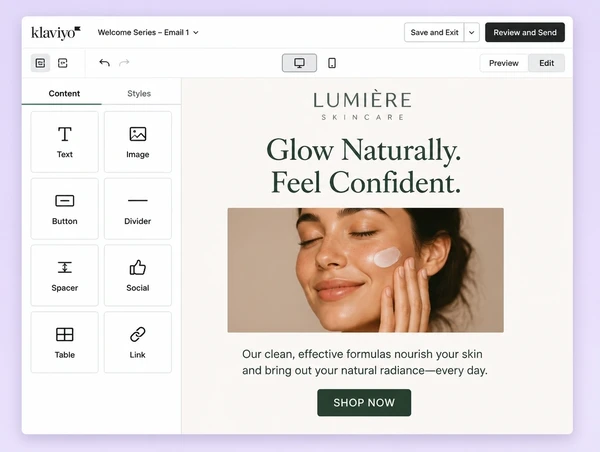 A skincare brand email in Klaviyo carrying the same headline as the website