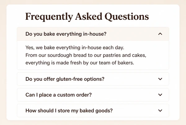 An artisan bakery questions page with four questions and the first answer open