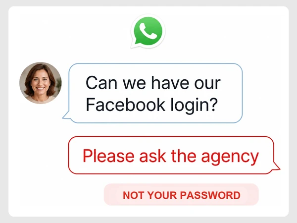 Pearl Lane Dental asks for its Facebook login and receives the reply Please ask the agency.