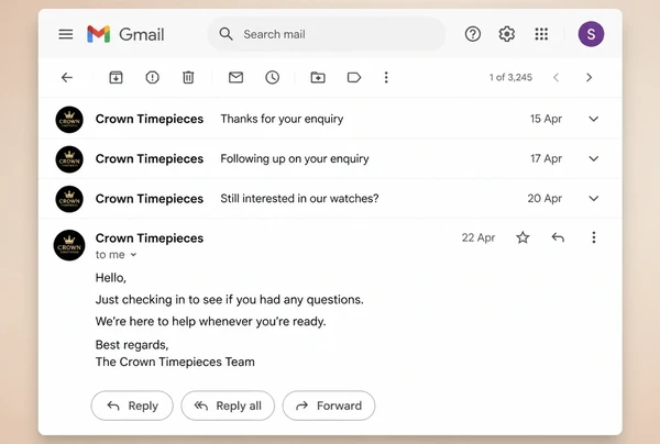 A Gmail thread of three follow-up messages from a luxury watch retailer to one customer