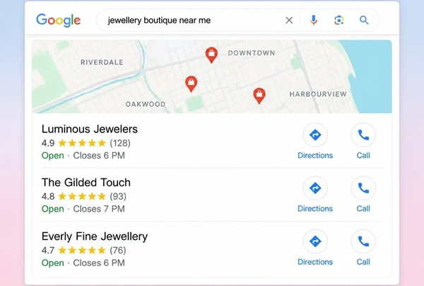 A local map pack listing three jewellery boutique businesses with ratings and call buttons
