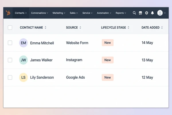 Three new eyewear brand enquiries listed in HubSpot with the source of each