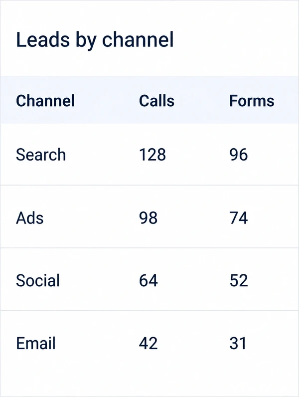 A report panel listing calls and form leads for four marketing channels