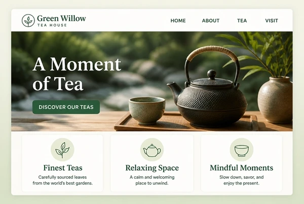 A tea house home page with a hero photograph and three service cards